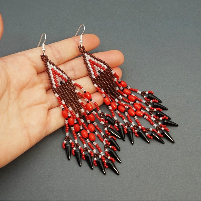 Long Dangle Statement Beaded Earrings in Red and Brown