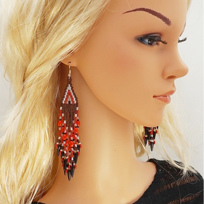 Red long dangle beaded earrings