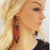 Long Dangle Statement Beaded Earrings in Red and Brown