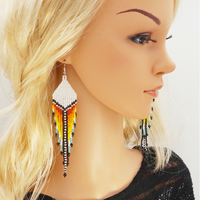 White top long dangle beaded earrings