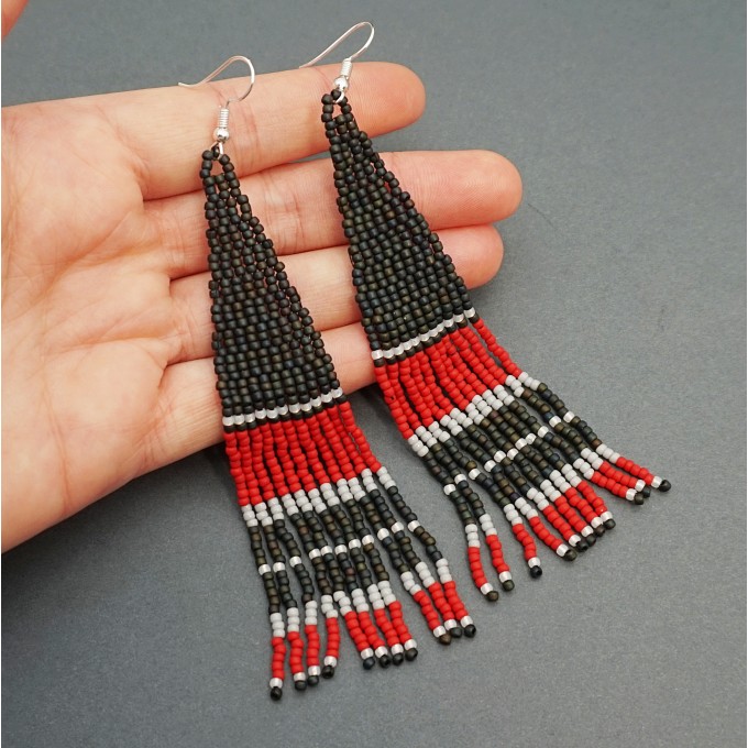 Long Red and Black Boho Dangle Beaded Earrings
