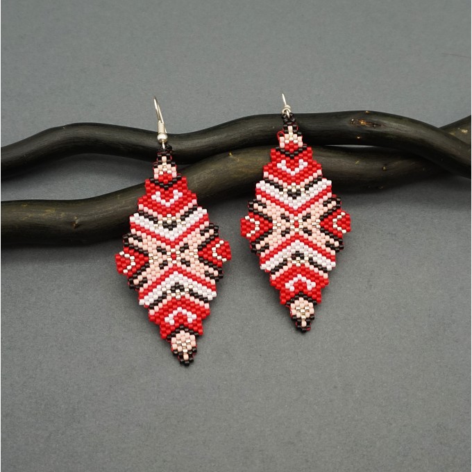 Cute Red Dangle Statement Rhombus Earrings with Ethnic Motives Ornament
