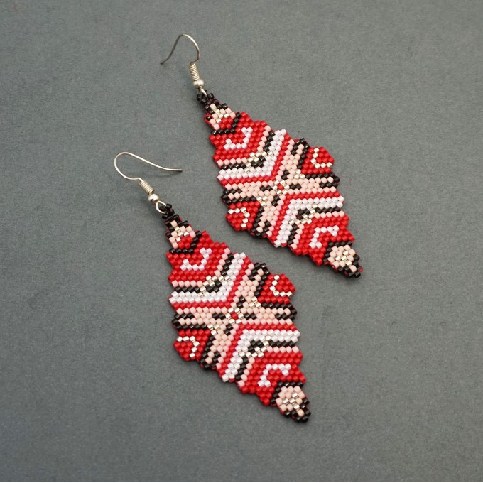 Cute Red Dangle Statement Rhombus Earrings with Ethnic Motives Ornament