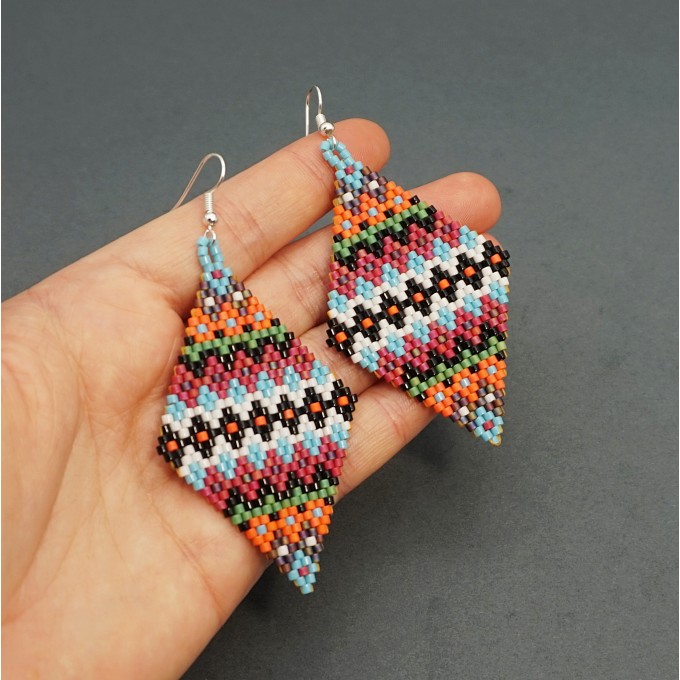 Diamond-shaped Seed Bead Earrings in Ethnic Style Design