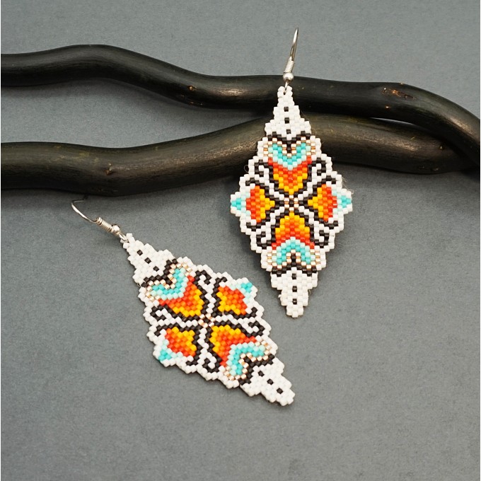 White Dangle Earrings of Seed Beads with Colorful Ornament