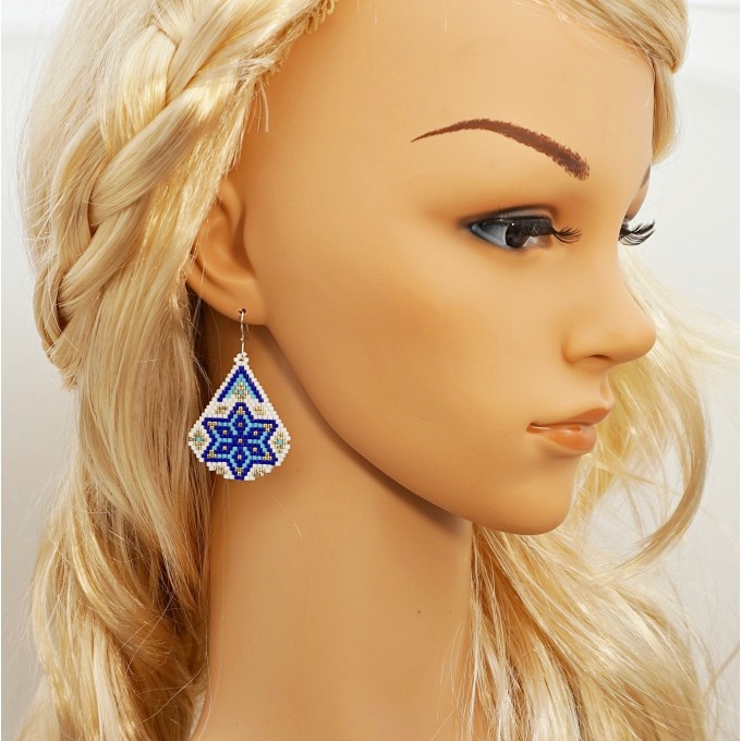 Blue Snowflake on White Drop Beaded Earrings - Galiga Jewelry