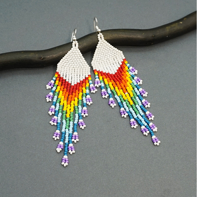 Shoulder Duster Bohemian Earrings in Rainbow Colors with White Top