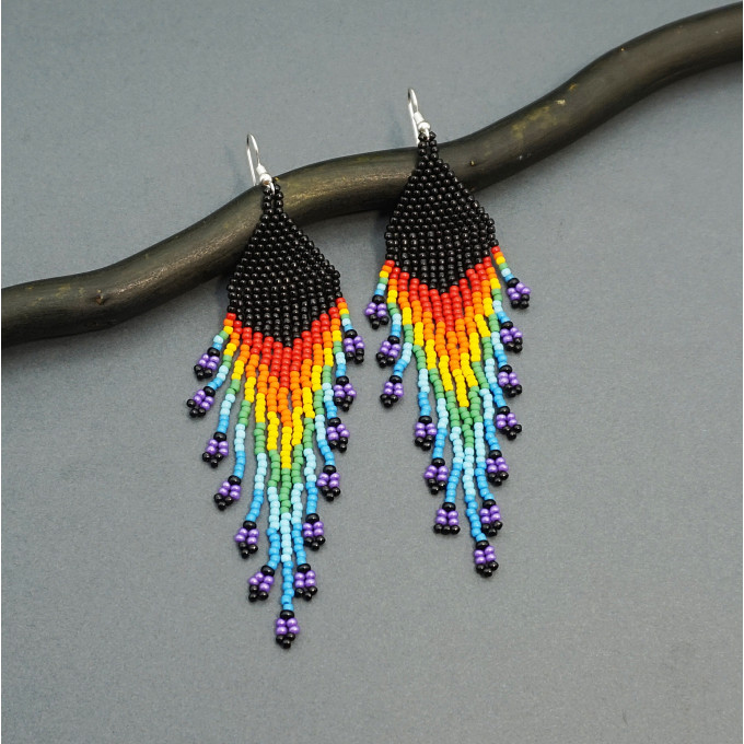 Shoulder Duster Bohemian Earrings in Rainbow Colors with Black Top