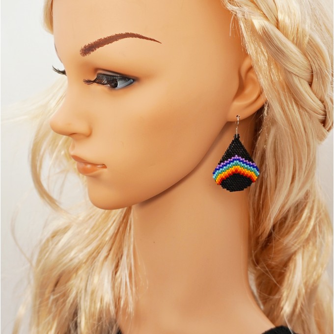 Small Beaded Earrings - Rainbow on Black