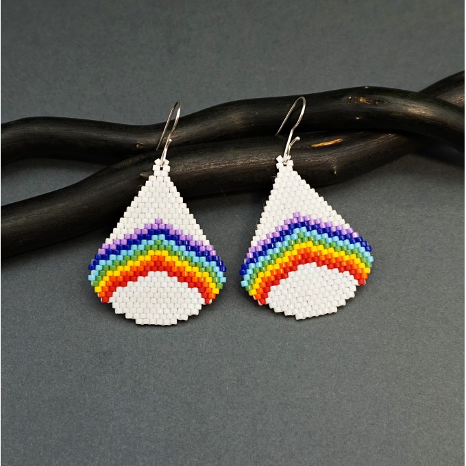 White rainbow drop beaded earrings