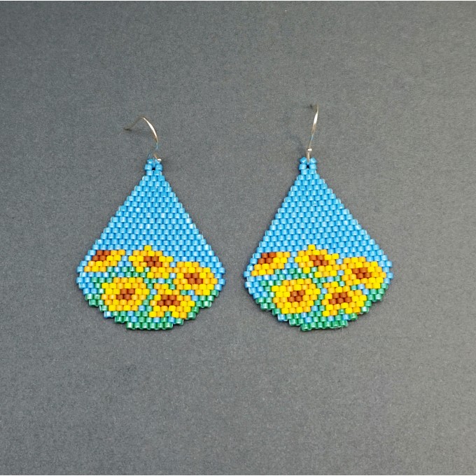 Small Seed Bead Earrings - Yellow Flowers on Blue